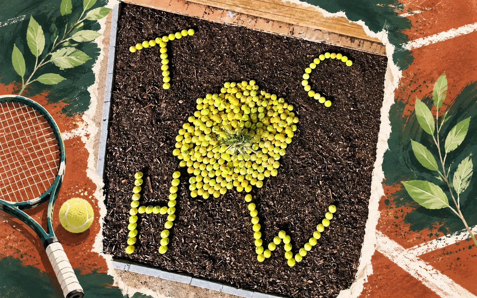 Foto-Illustrations-Collage: Tennisball-Dekoration auf der Vereinsanlage des TC Hoch-Weisel