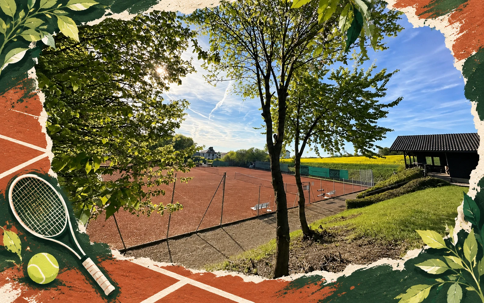 Foto-Illustrations-Collage: Vereinsanlage des TC Hoch-Weisel im Grünen