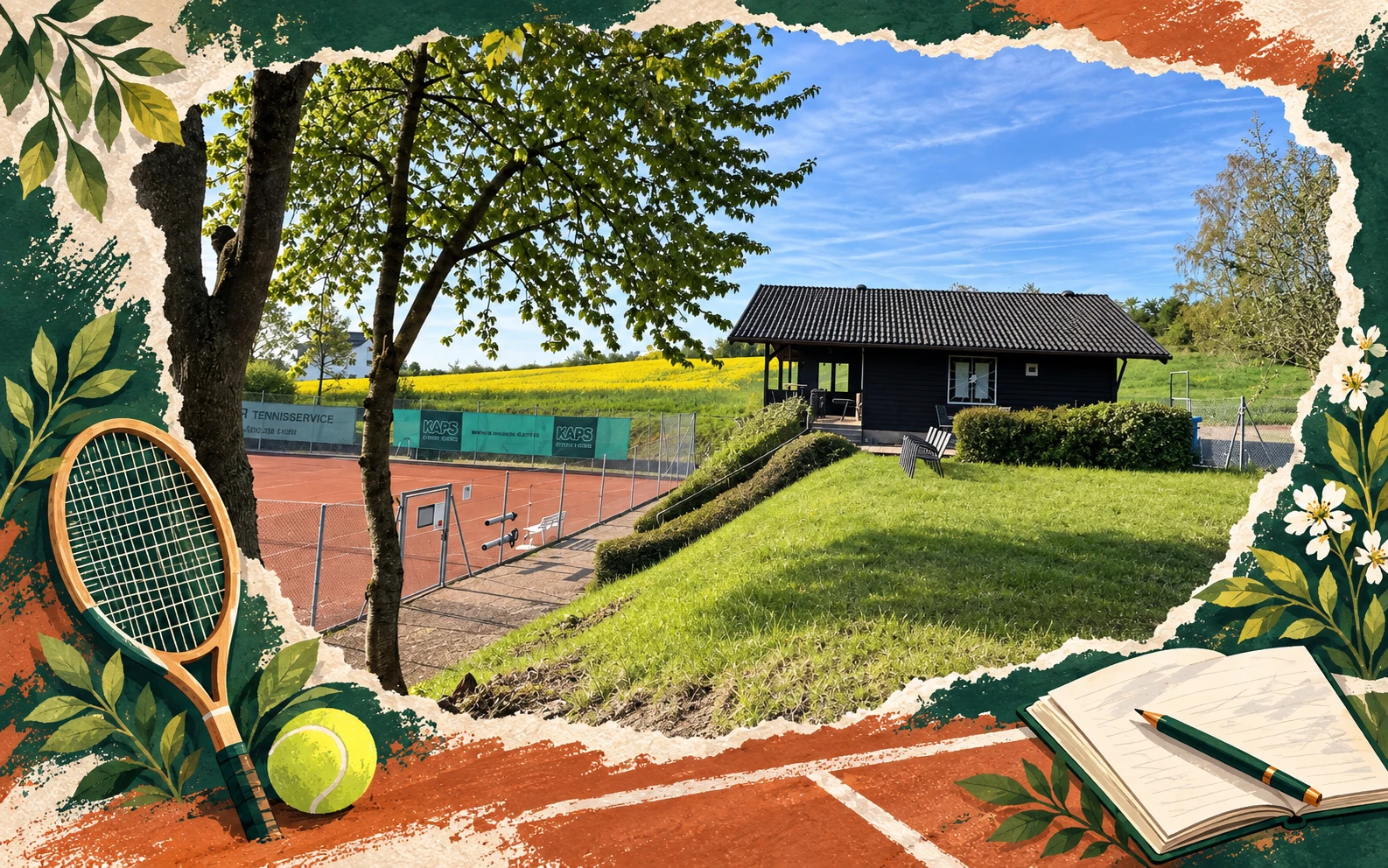 Foto-Illustrations-Collage: Clubhaus des TC Hoch-Weisel – Symbolmotiv für Vorstandsarbeit